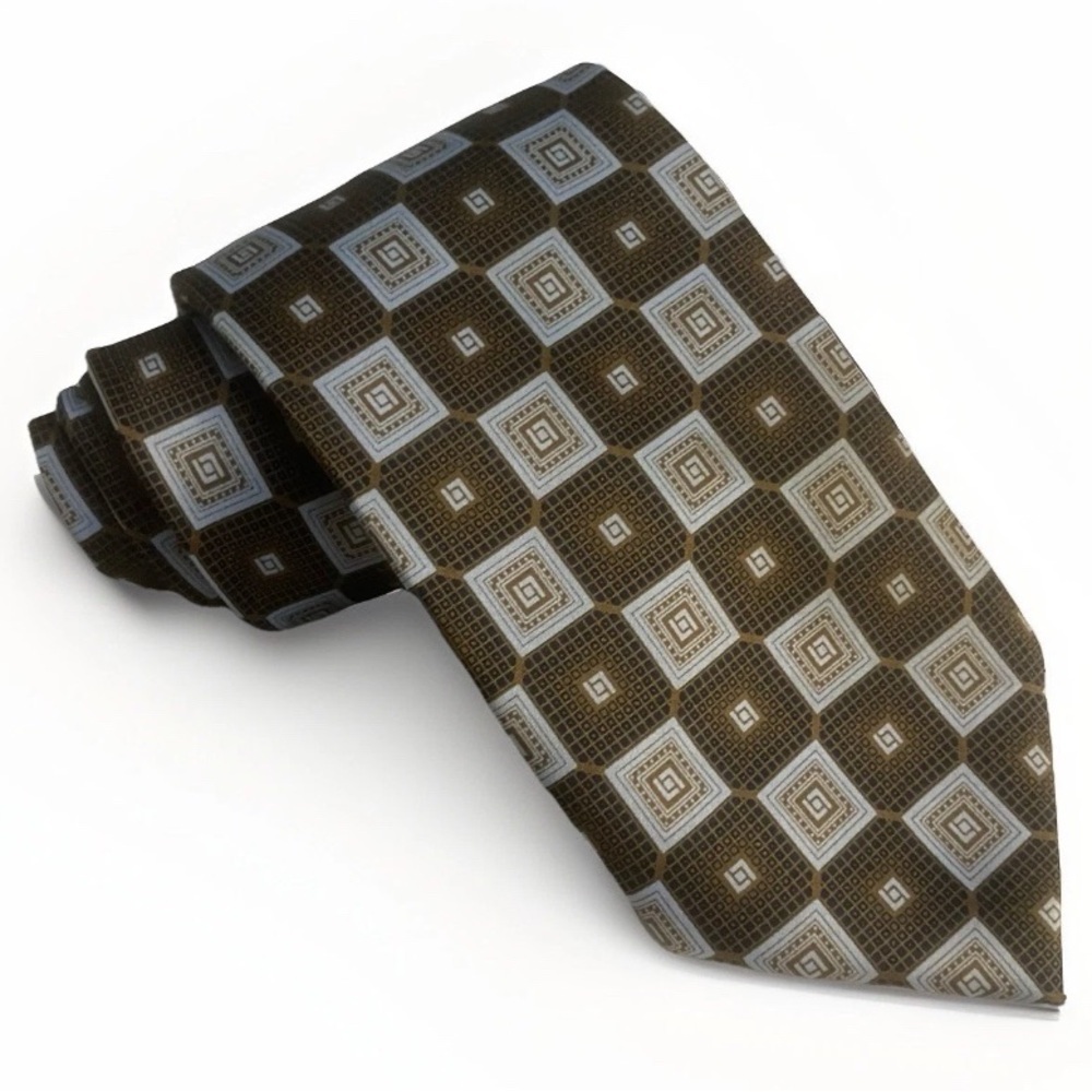 Eleganza Italy Men’s Handmade Microfibre And Silk Tie Geometric Brown And Blue